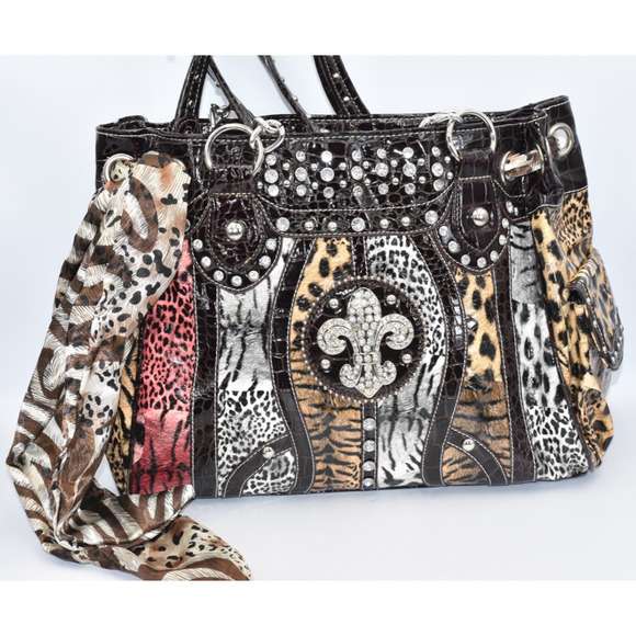 USTYLE Animal Print Western Handbag Rhinestones & Studs Dual Handles - Picture 8 of 8